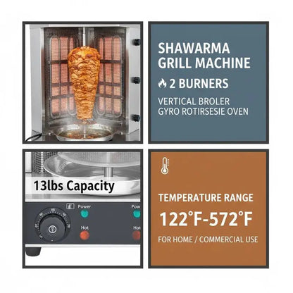 Vertical Broiler Gyro Rotisserie Oven 13lbs Capacity For Home Commercial Kitchen Party, 2 Burners 122℉-572℉ Temperature Control Meat Roaster Machine Doner Kebab Cooker