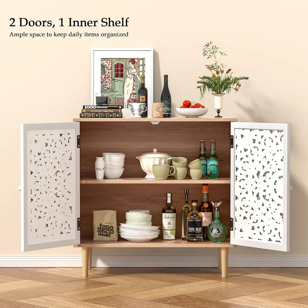 Accent Cabinet with 2 Doors, Carved Decorative Sideboard with Adjustable Shelf, Free-Standing Wood  Cabinet for