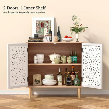 Accent Cabinet with 2 Doors, Carved Decorative Sideboard with Adjustable Shelf, Free-Standing Wood  Cabinet for