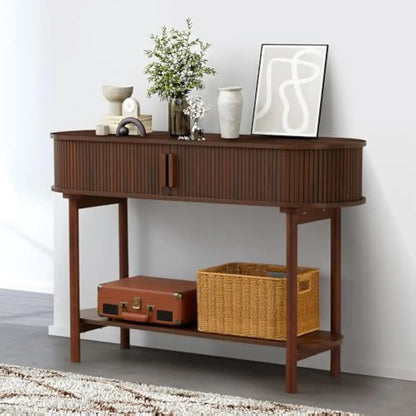 Fluted Console Table Modern Entryway Table with Tambour Sliding Door 2 Tier Sofa Table with Storage Side Table Behind Couch in L