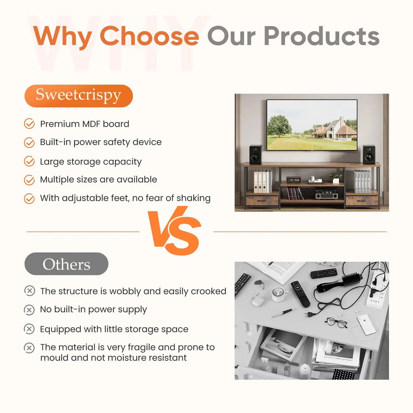 63IN Wooden Tv Stand For Up To 75 Inch TV Entertainment Center For Living Room Media Console Adjustable Shelf 2 Storage