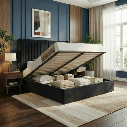 Full/Queen/King Lift Up Storage Bed Frame, Hydraulic Support System, Upholstered Platform Bed Frame, Underneath Storage,