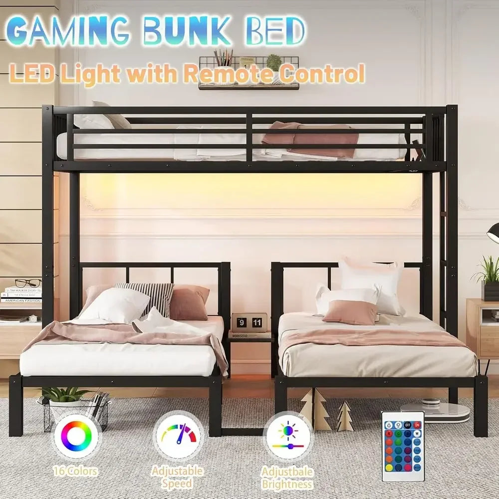 Sturdy Metal Triple Bunk Bed with LED Lights, Storage, and Charging Station for Kids