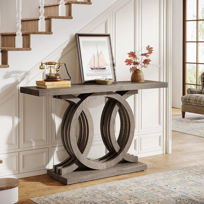 55-Inch Console Table with Geometric Wood Base,Modern Entryway Table with Thick Tabletop for Living Room, Hallway, Foyer (Gray)