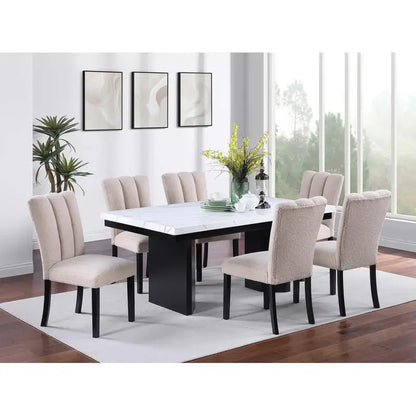 Classic Two-Tone White Faux Marble Top Dining Table with 6 Side Chairs, 7-Piece Set for Dining Room Decor