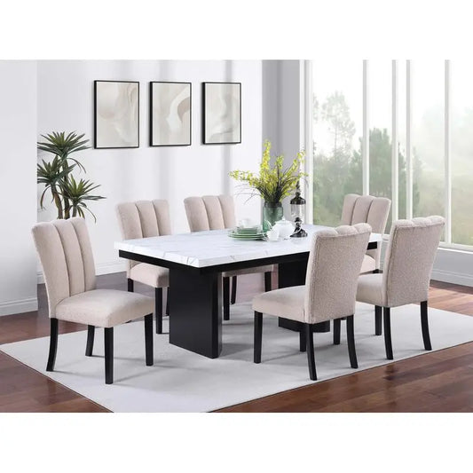 Classic Two-Tone White Faux Marble Top Dining Table with 6 Side Chairs, 7-Piece Set for Dining Room Decor