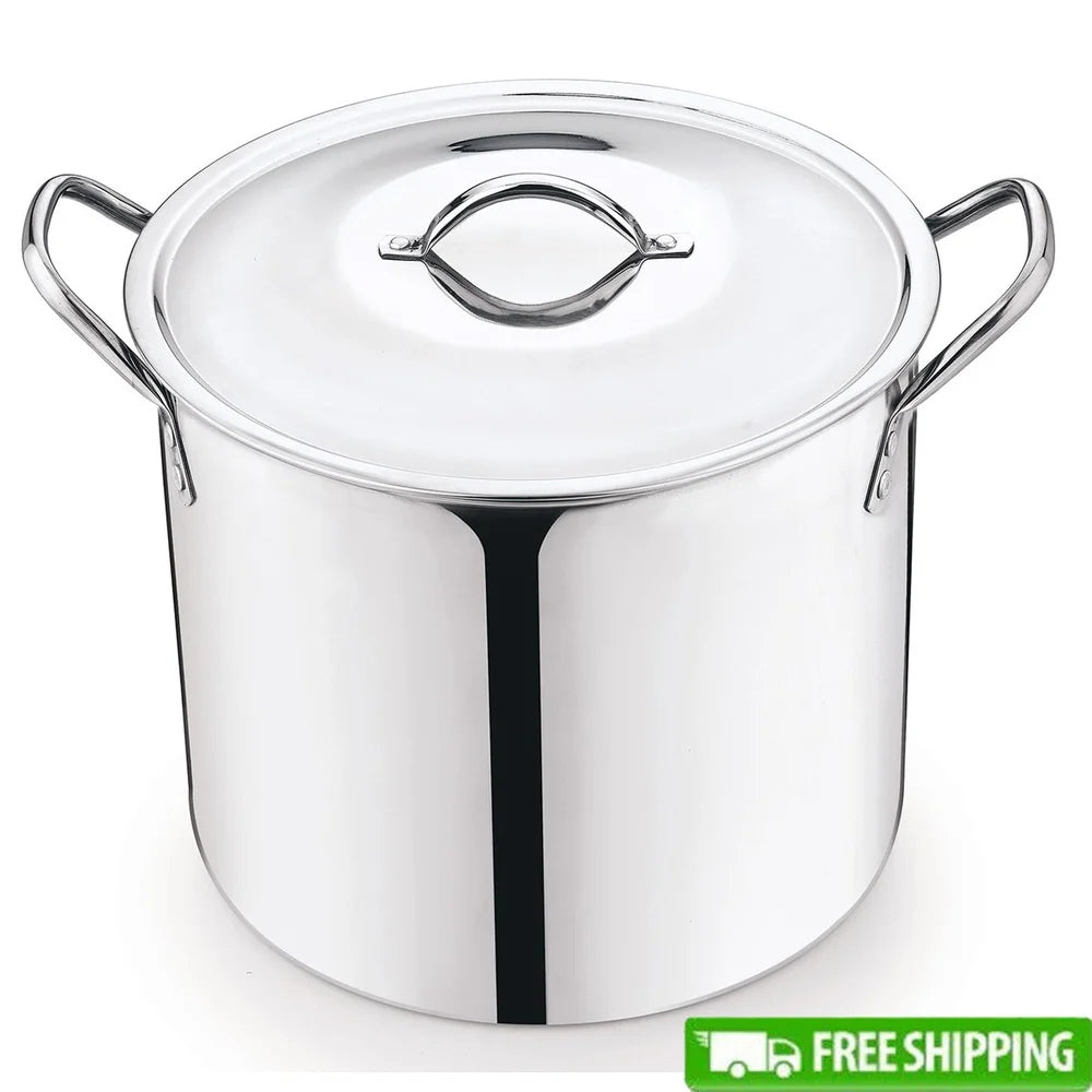 12 Quart Stainless Steel Stock Pot with Metal Lid Stay Cool Handles Heavy Duty Cookware Soup Stew Boiling Ideal Kitchens