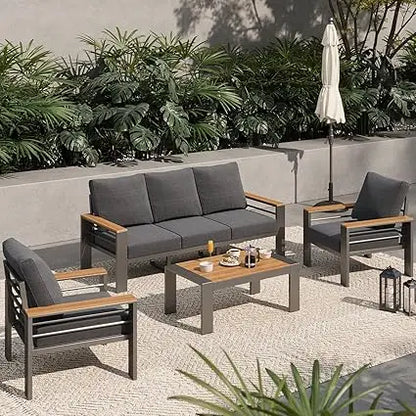 Aluminum Outdoor Patio Furniture Set, 5 Seats Outdoor Sectional with Coffee Table, Patio Conversation Sets with Upgraded Armres