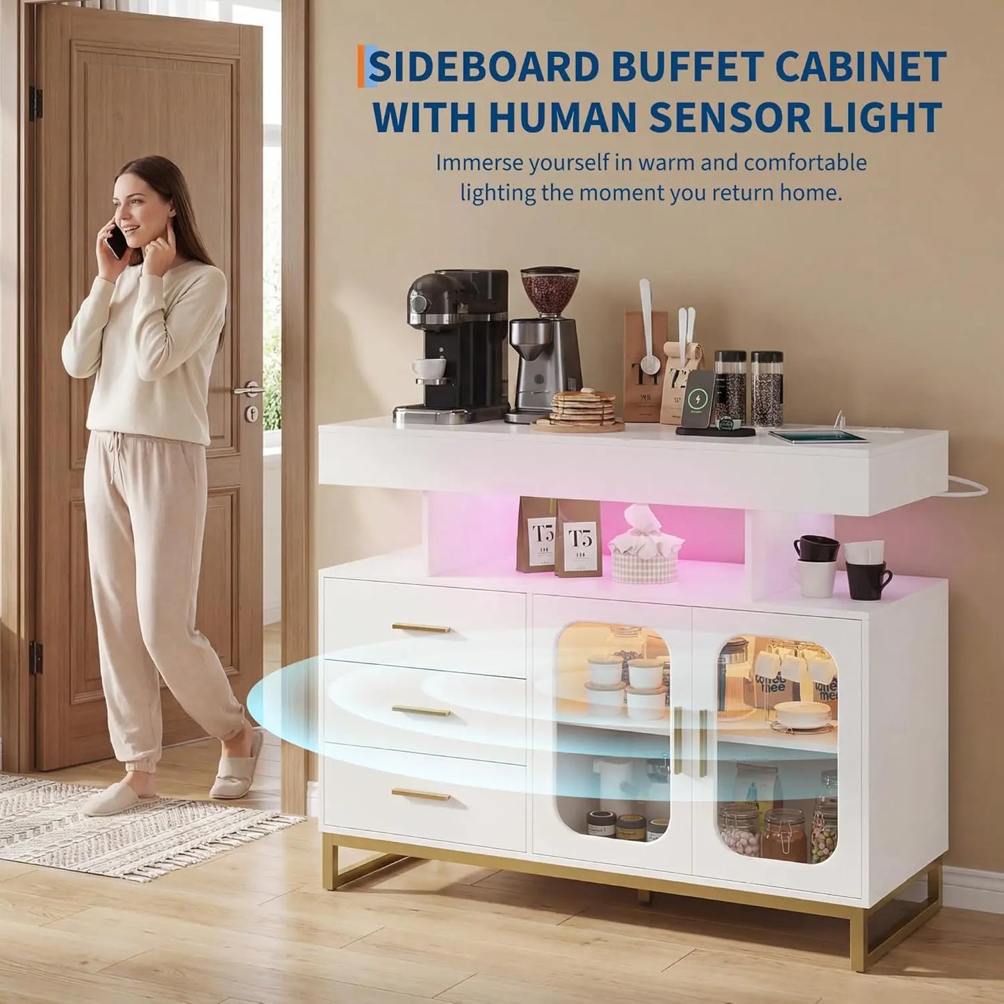 LED Buffet Cabinet with Charging Station, Smart Bar Cabinet with 20-Color Auto RGB Light, Coffee Bar Cabinet with Drawer/Hutch,