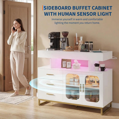 LED Buffet Cabinet with Charging Station, Smart Bar Cabinet with 20-Color Auto RGB Light, Coffee Bar Cabinet with Drawer/Hutch,