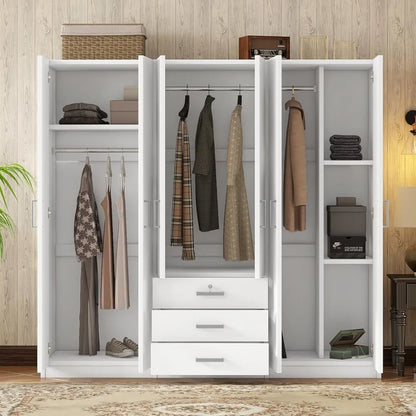 Large Wardrobe Closet 6 Doors, 70.9" W Wooden Wardrobe Cabinet with Big Drawers, Bedroom Armoire Dresser Wardrobe Clothes Organi