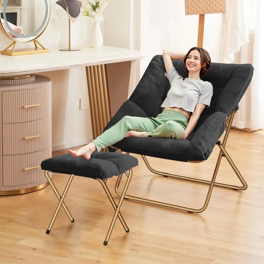 Comfy Saucer Chair, Foldable Living Room Chairs, Soft Faux Fur Lounge Chair for Bedroom, Reading Chairs for Adults,Teens, XLarg