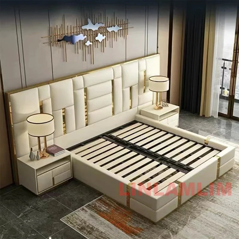 Luxury Modern King Size Bed With Soft Upholstered Headboard And Storage Nightstands - Genuine Leather Bedroom Furnitur