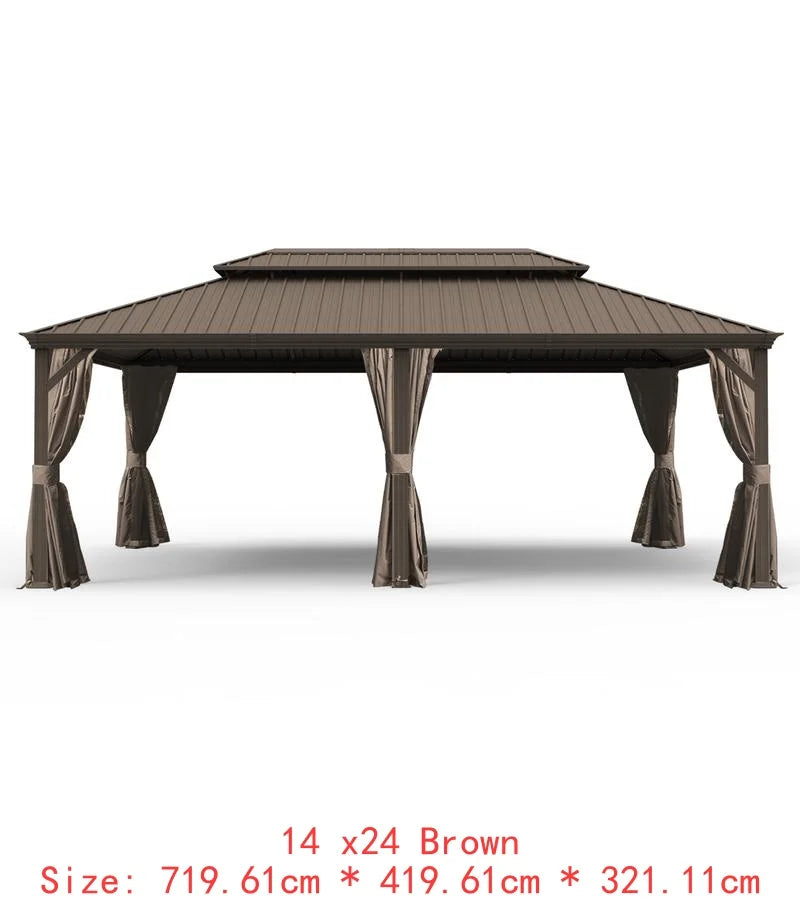 14x24 Hardtop Gazebo, Upgraded Metal Canopy with Drainage, Dual-Layer Galvanized Steel Roof, Includes Curtains & Netting,