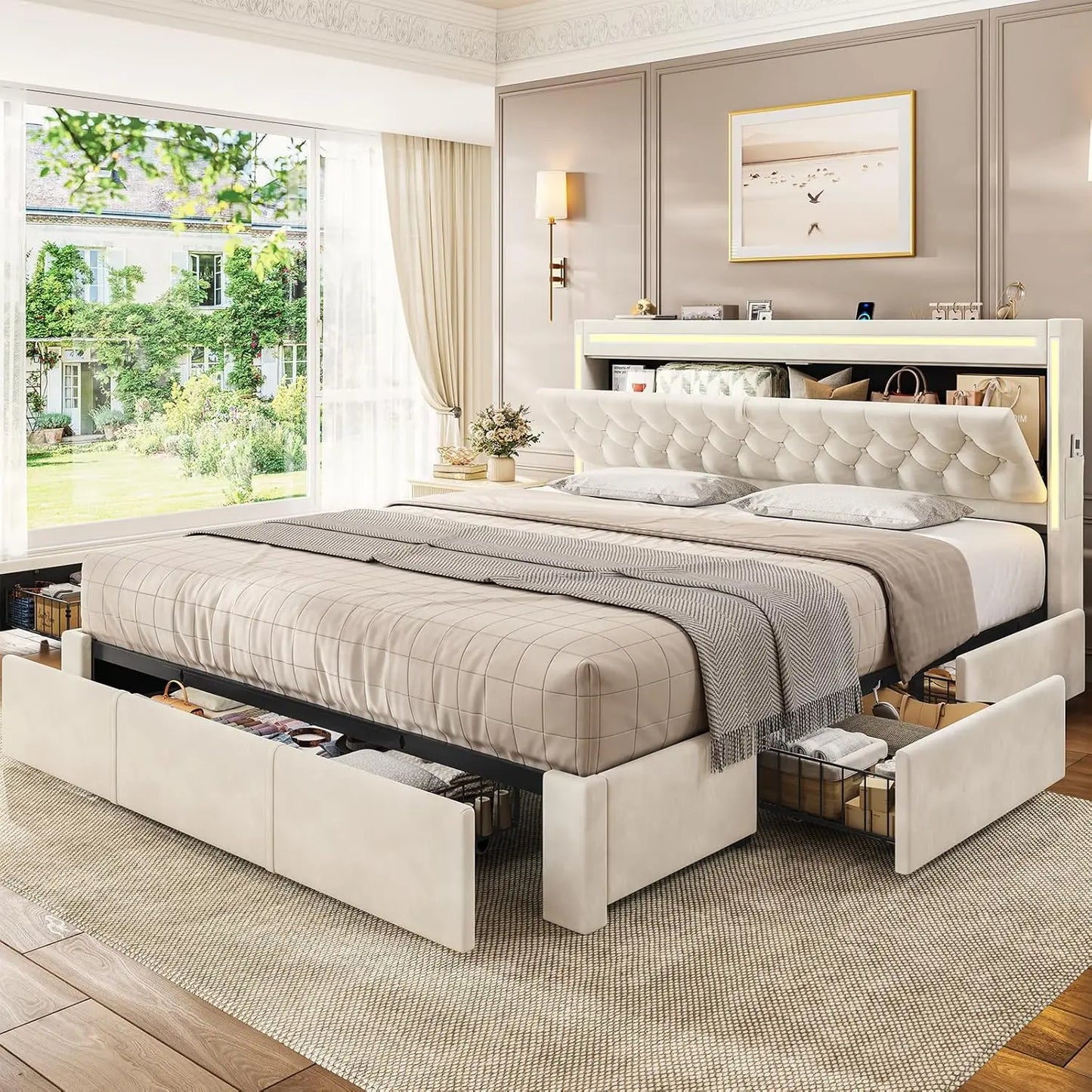 Velvet LED Bed Frame with 5 Drawers, Hidden Storage Headboard, Charging Station & Metal Slats Support - Beige