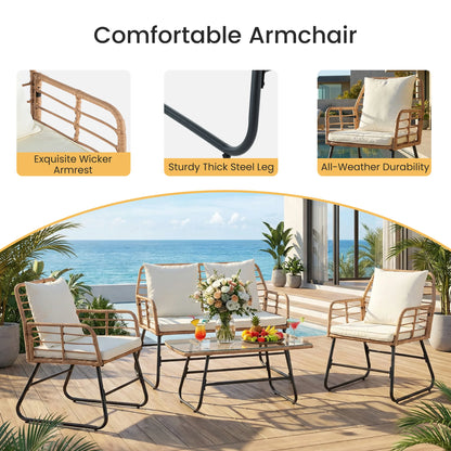 Outdoor Wicker Patio Furniture Set 4 Pieces with Soft Cushion and Glass Table Manual Weaving Patio Chairs For Garden Lawn
