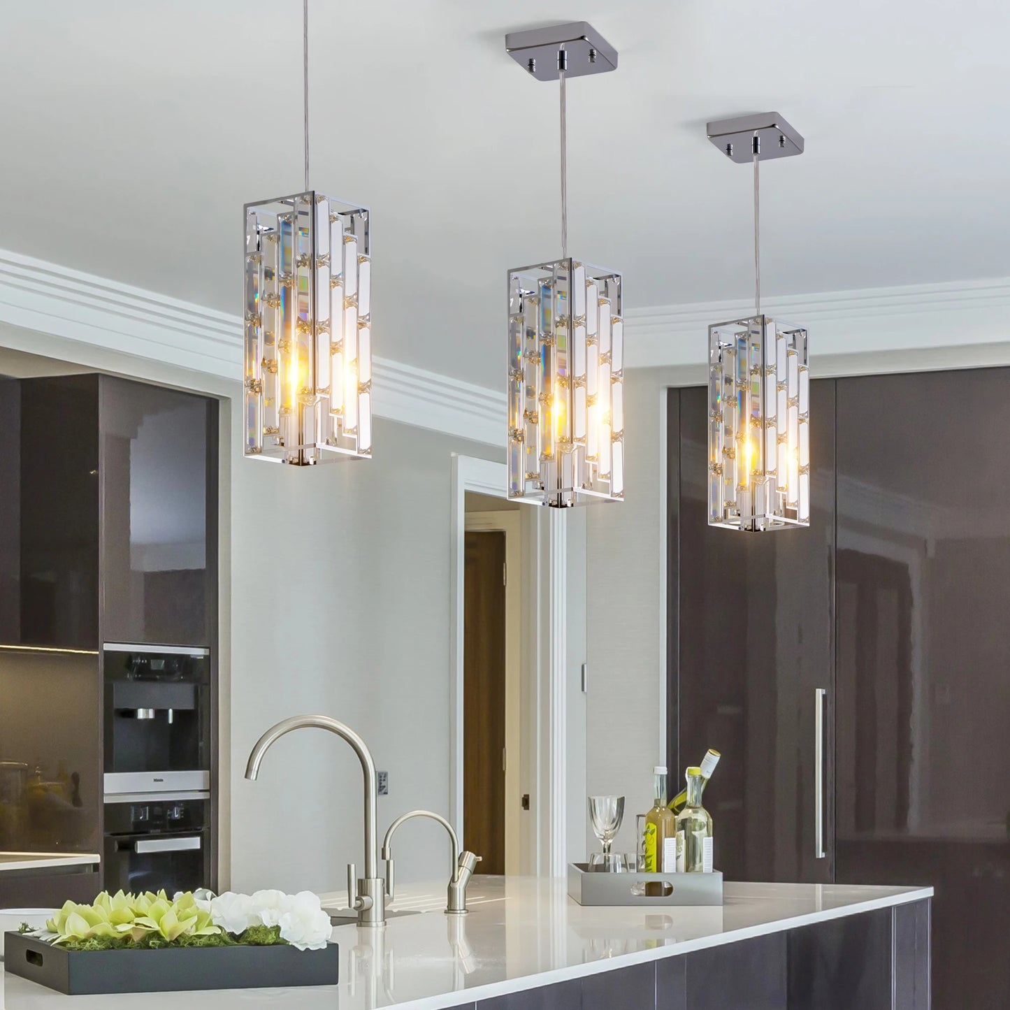 Modern Crystal Pendant Light - 3 Pack, Adjustable Hanging Ceiling Lamp with Crystal Prism Design -Chrome Finish