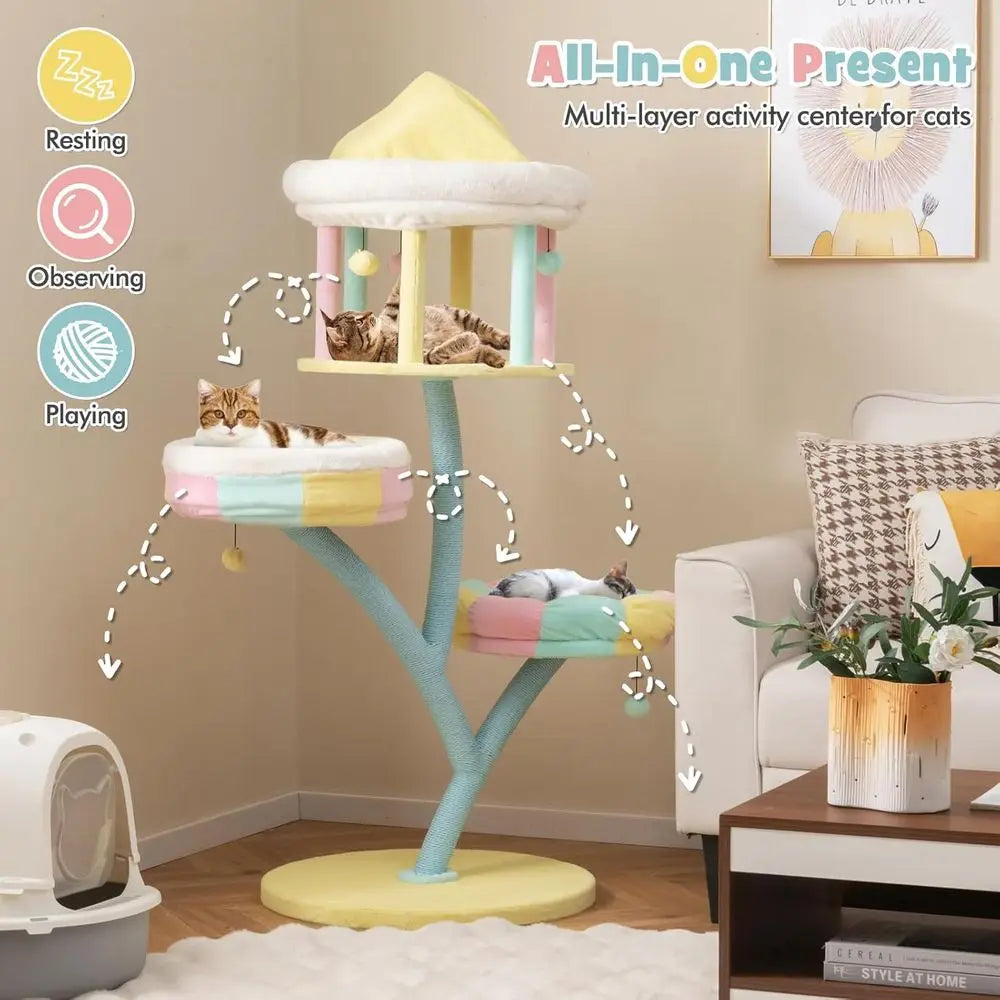 57.5 High Stylish Cat Tower with Paper Rope, Open-top Condo, Removable Perches, and Swinging Balls for Indoor Play