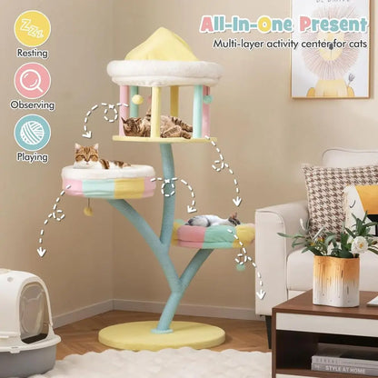 57.5 High Stylish Cat Tower with Paper Rope, Open-top Condo, Removable Perches, and Swinging Balls for Indoor Play