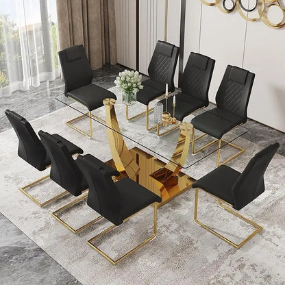 Glass Dining Table Set for 6, Modern Kitchen Table Set for 6, 71" Tempered Glass Tabletop with U-Shaped Gold Base, 7 Ppiece