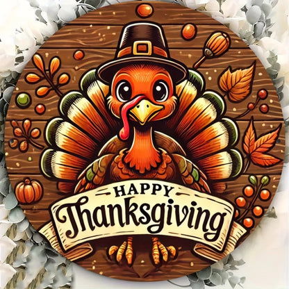 Happy Thanksgiving Aluminum Alloy Wall Art  with Whimsical Turkey, Autumn Leaves & Pumpkins Design - Home, Cafe, Bar Wall