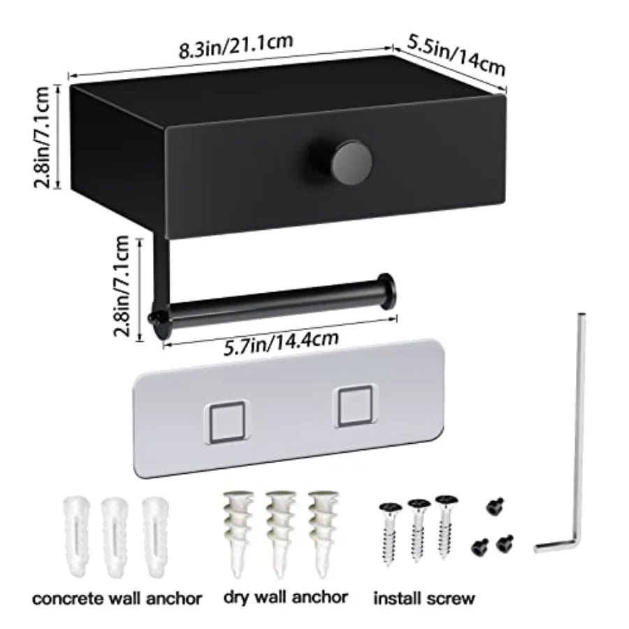 Matte Black WallMounted Toilet Paper Holder with Integrated Shelf and Storage Drawer Design: SelfAdhesive Flushable Wipes Dispe