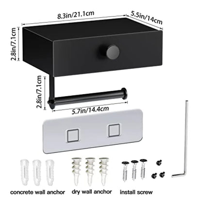 Matte Black WallMounted Toilet Paper Holder with Integrated Shelf and Storage Drawer Design: SelfAdhesive Flushable Wipes Dispe