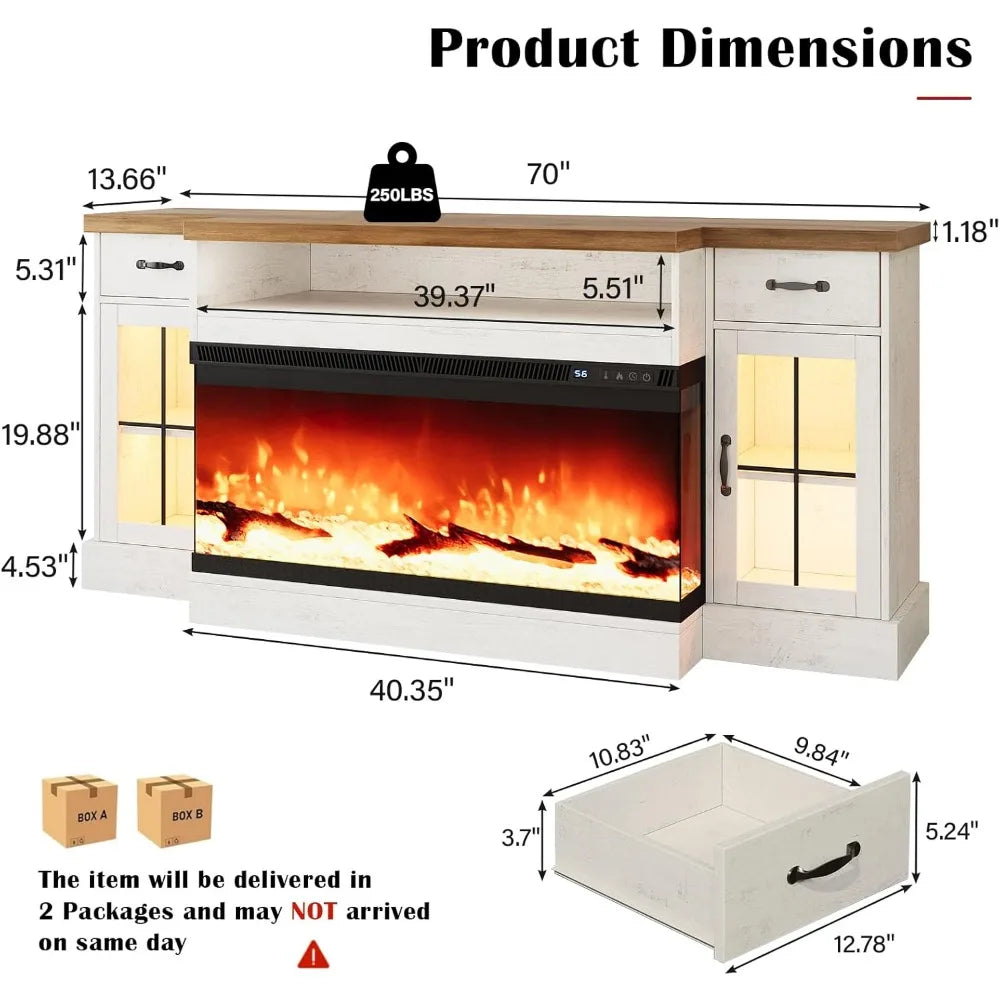 Fireplace TV Stand with 40" Electric Fireplace for 80" TV, 70" Entertainment Center with Adjustable Storage Cabinets