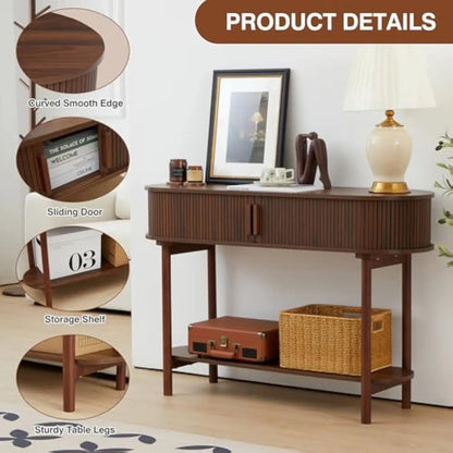 Fluted Console Table Modern Entryway Table with Tambour Sliding Door 2 Tier Sofa Table with Storage Side Table Behind Couch in L