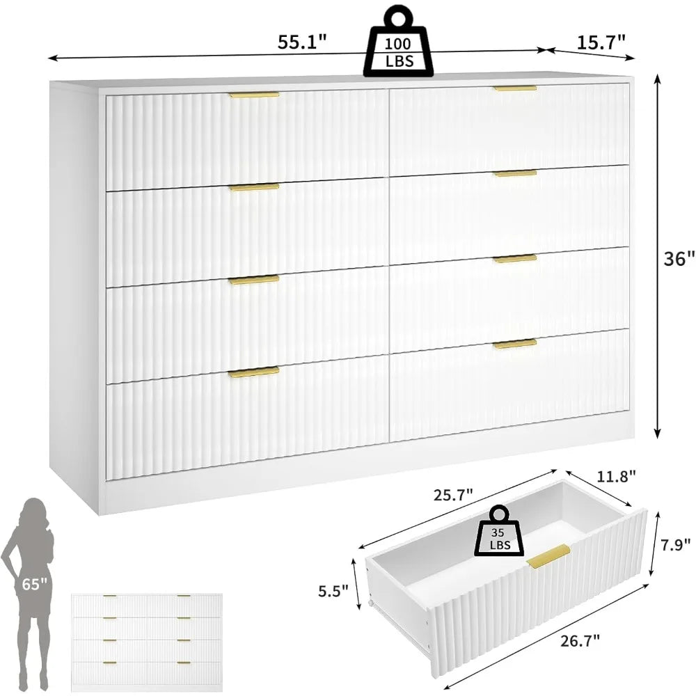 Fluted Dresser for Bedroom with 8 Drawer, 55” Wide White Double Drawer Dresser Modern Chest of Drawers with Metal Handle