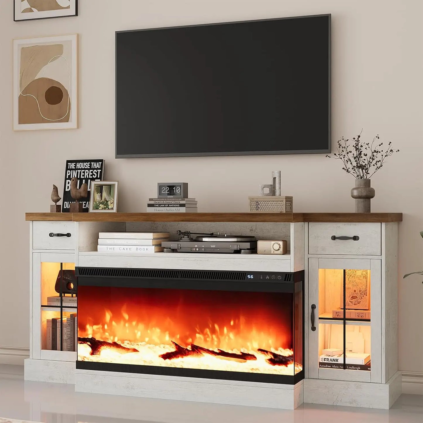 Fireplace TV Stand with 40" Electric Fireplace for 80" TV, 70" Entertainment Center with Adjustable Storage Cabinets