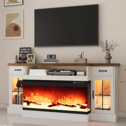 Fireplace TV Stand with 40" Electric Fireplace for 80" TV, 70" Entertainment Center with Adjustable Storage Cabinets