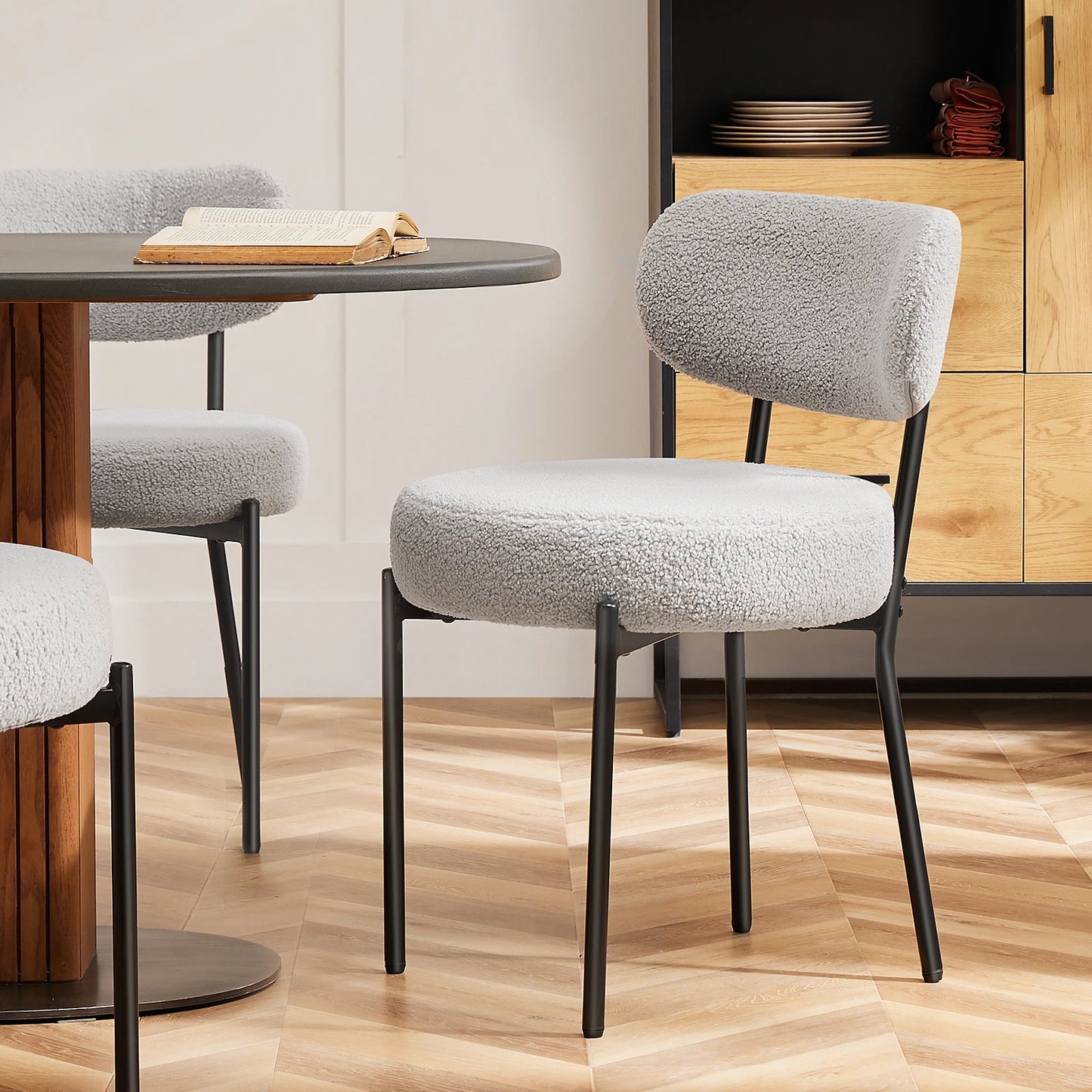 Ergonomic Round Dining Chairs Set of 2 Plush Fabric Kitchen Chairs with Curved Backrest Metal Legs For Living Room