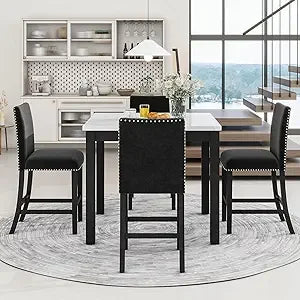 Modern Counter Height Dining Table Set for 4, Faux Marble Top Square Dining Table with 4 Velvet Upholstered Chairs, 5 Piece Coun