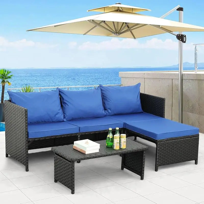 3-Piece Outdoor PE Rattan Furniture Set Patio Black Wicker Conversation Loveseat Sofa Sectional Couch Gray Cushion