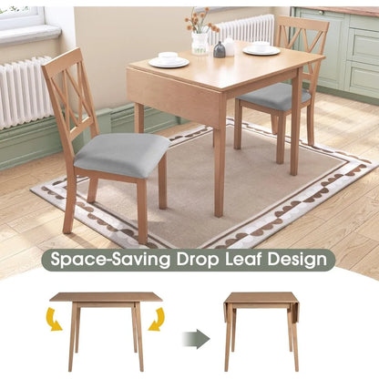 3-Piece Set – Drop-Leaf Table & 2 Upholstered Chairs, Wooden Dining Set for Small Spaces