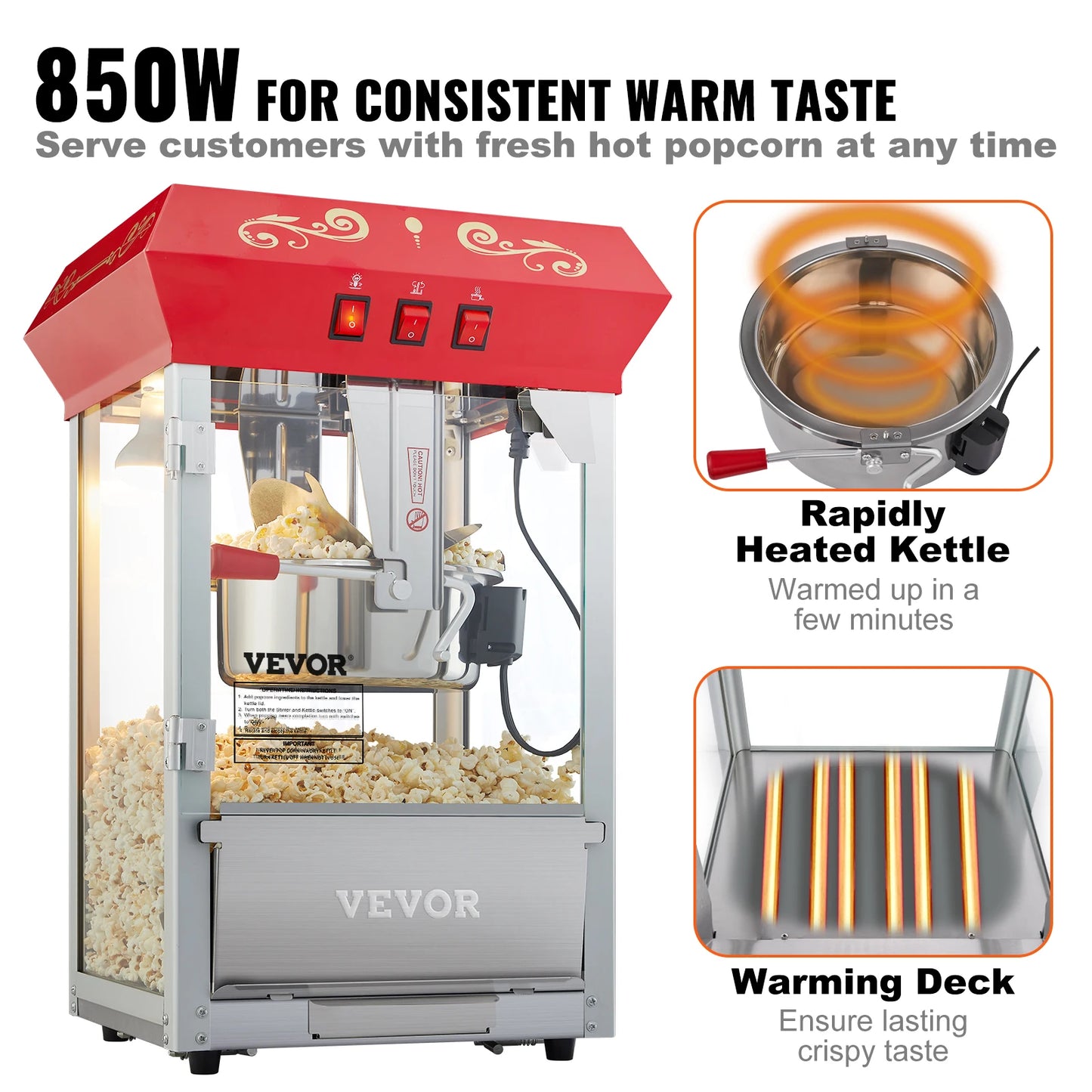 8/12Oz Electric Popcorn Maker Commercial Popper Machine  Automatic Corn Cookware with Scoop Spoon SUS304 Heating Tube