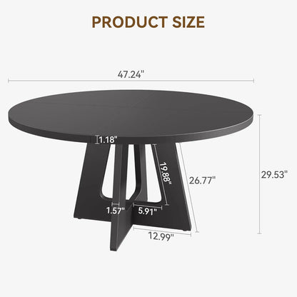 120 x 120 x 53 cm Round Dining Table for 4-6 People Space Saving Rustic Wooden Kitchen Table with Wood Base and Tabletop Black