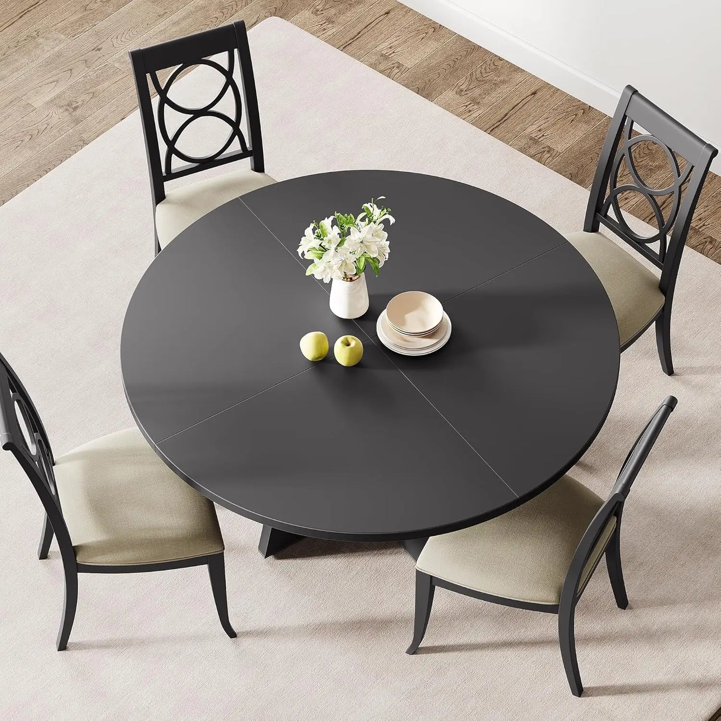 120 x 120 x 53 cm Round Dining Table for 4-6 People Space Saving Rustic Wooden Kitchen Table with Wood Base and Tabletop Black