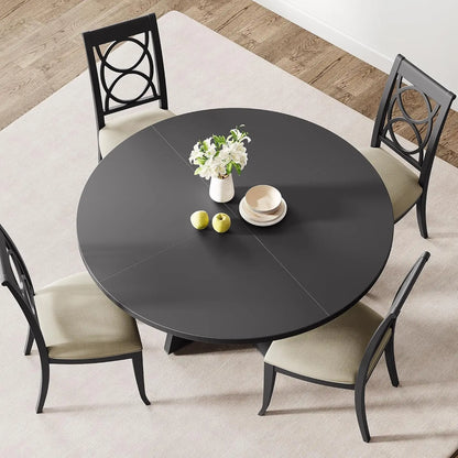 120 x 120 x 53 cm Round Dining Table for 4-6 People Space Saving Rustic Wooden Kitchen Table with Wood Base and Tabletop Black