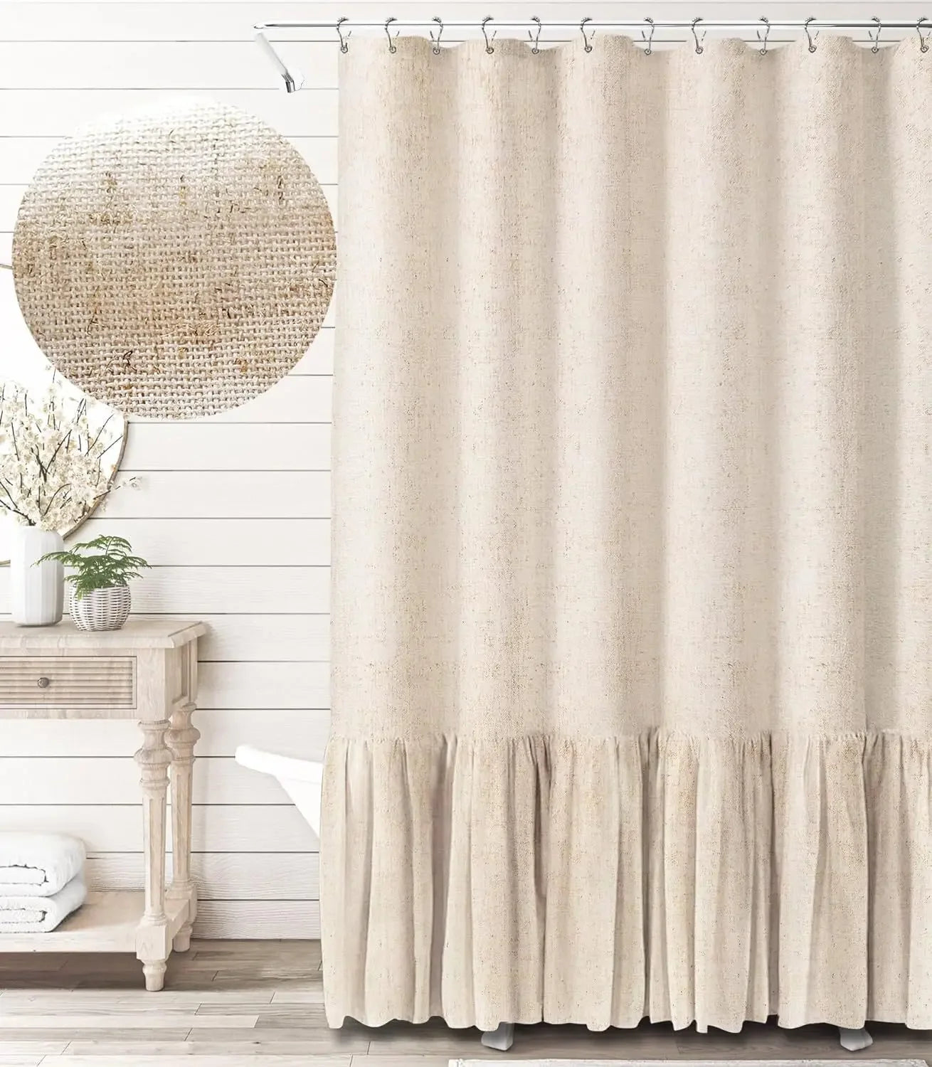 Cotton Linen Plain Shower Curtain with 12 Hooks Waterproof Floral Falbala Ruffle Edge Frill Scalloped Hem Decor Bathroom