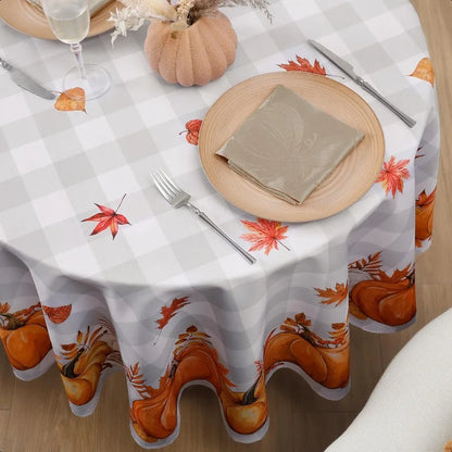 Fall Tablecloth 70x70 Inch Round Thanksgiving Autumn Harvest Pumpkin Buffalo Plaid Decoration Table Cloth Stain Resistant