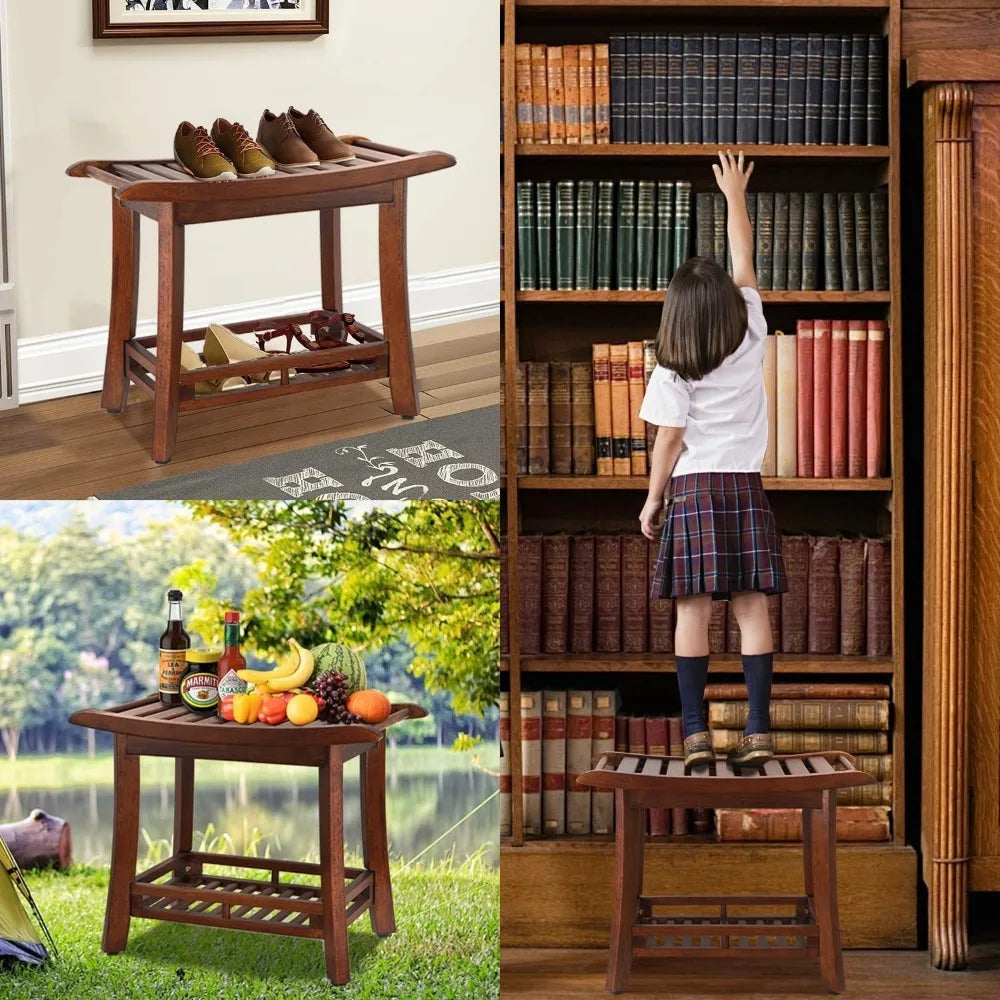 24“ teak shower bench with shelf, teak wood shower stool, waterproof wood shower chair