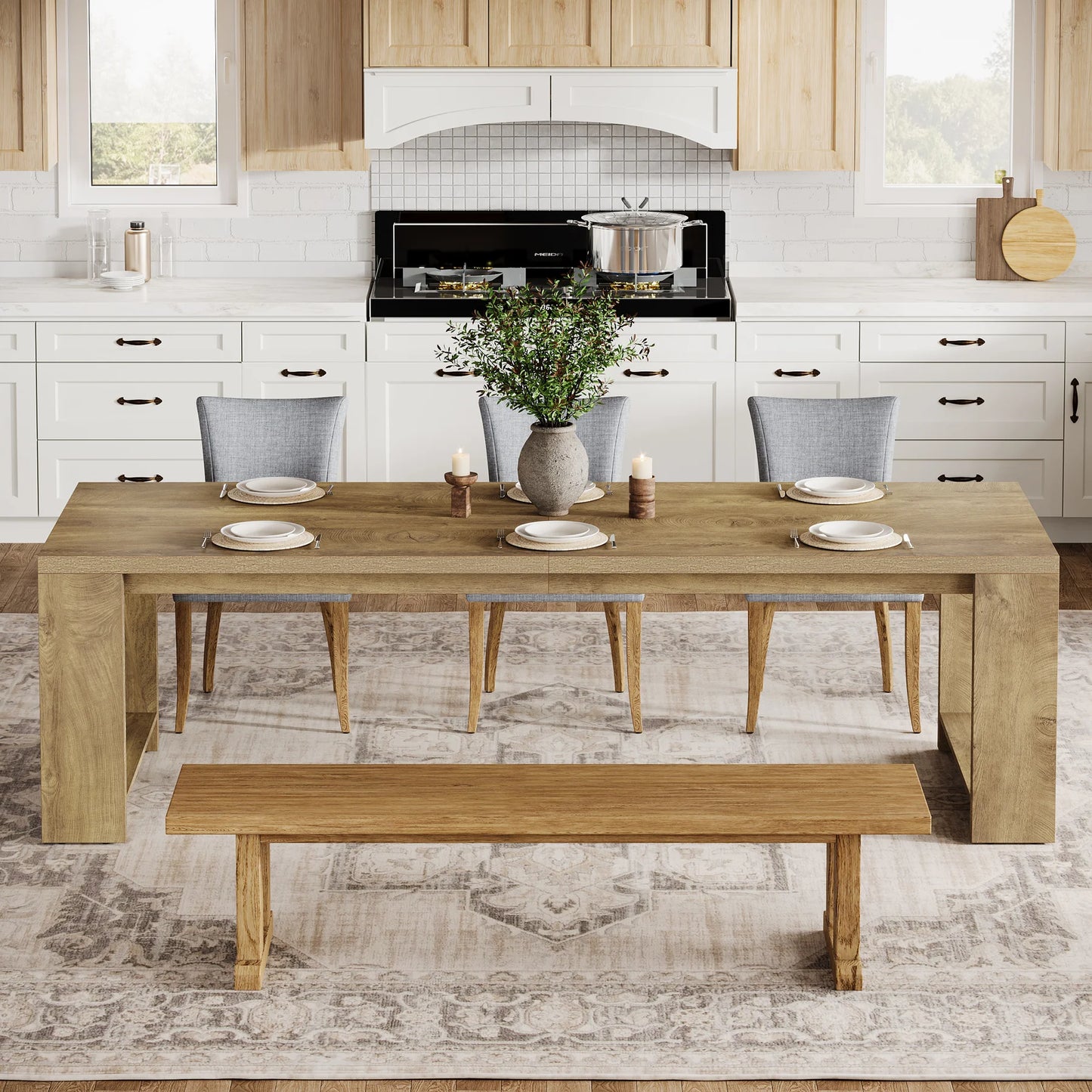 Tribesigns 86.61-Inch Dining Table for 6-8 People, Modern Narrow Long Kitchen Table with Pedestal Base