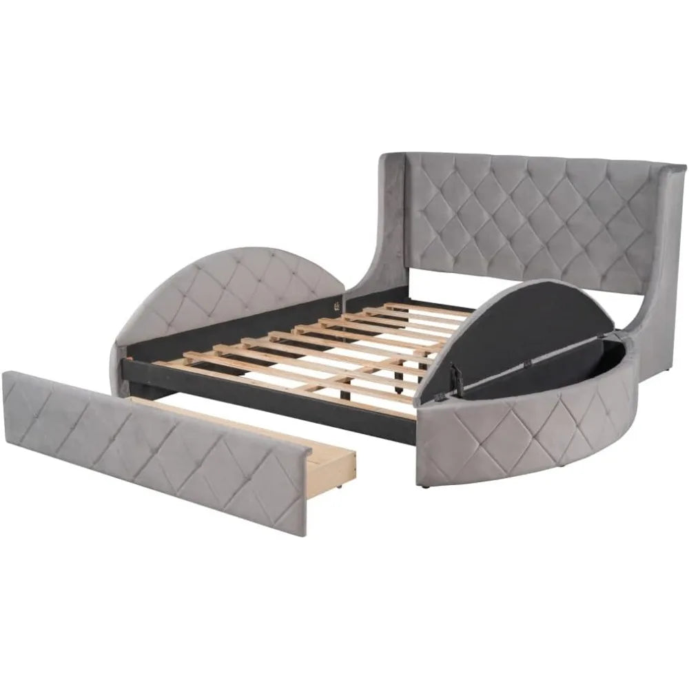 3-Piece Bedroom Set,Queen Size Velvet Upholstered Platform Round Bed and 1 Drawer,2 Side Storage Stool,with Wingback Headboard-G