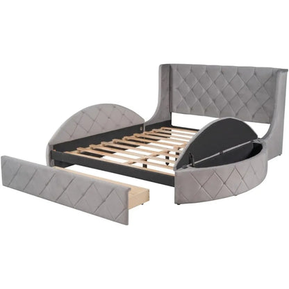 3-Piece Bedroom Set,Queen Size Velvet Upholstered Platform Round Bed and 1 Drawer,2 Side Storage Stool,with Wingback Headboard-G
