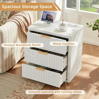 23" wide fluted night stand with charging station,3 drawers large end table with storage,white nightstand