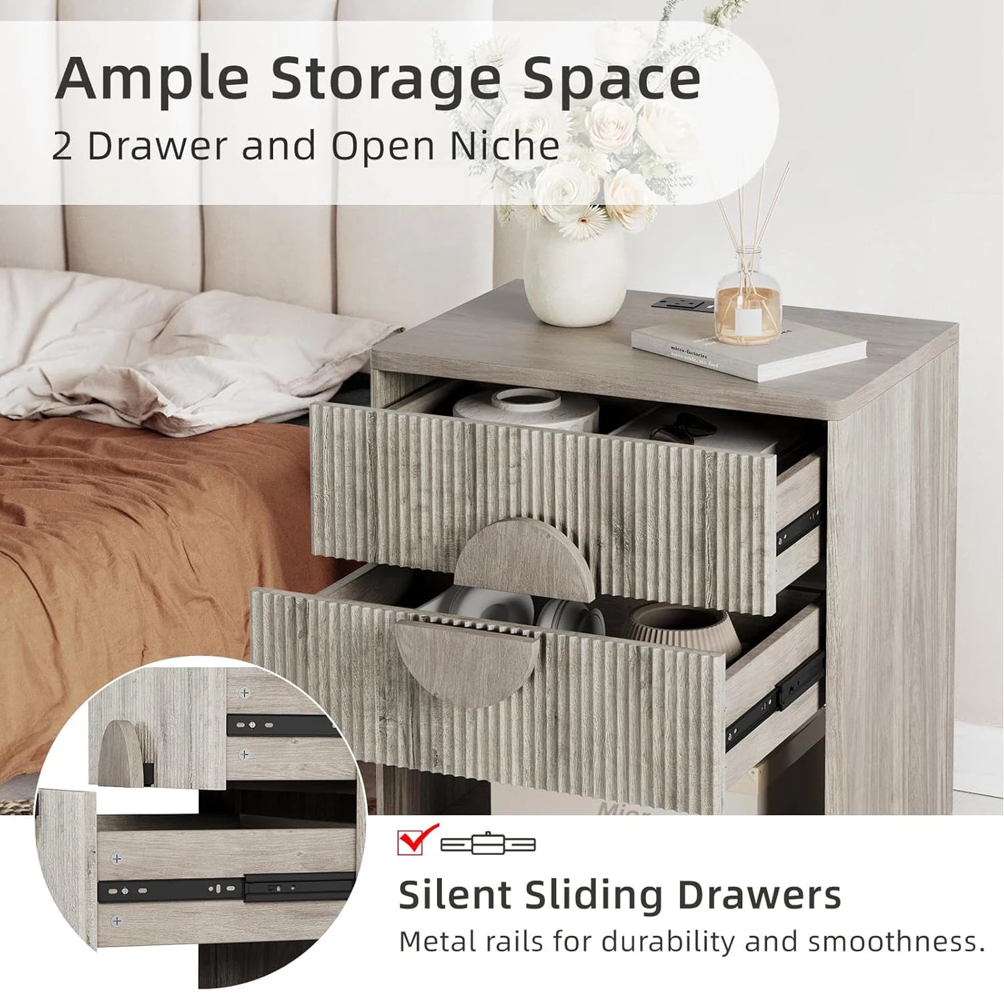 1PC Large Fluted Nightstand with Drawers 22.7" Wide Modern Bedside Table for Bedroom Living Room Office Farmhouse Tables