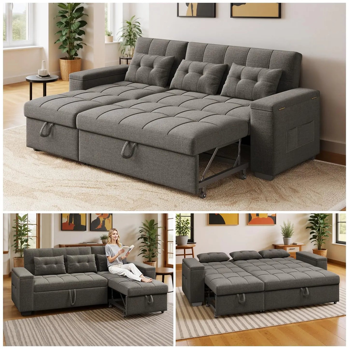 87" Convertible Sofa Bed – Space-Saving Sleeper with Pull-Out Design, Adjustable Backrest, Wide Armrests with Storage