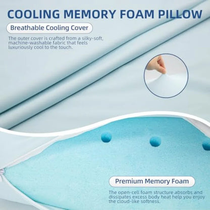 Cooling Memory Foam Pillow, Bed Pillow for Sleeping, Standard Size, Breathable Memory Foam, Premium Support with Washabl
